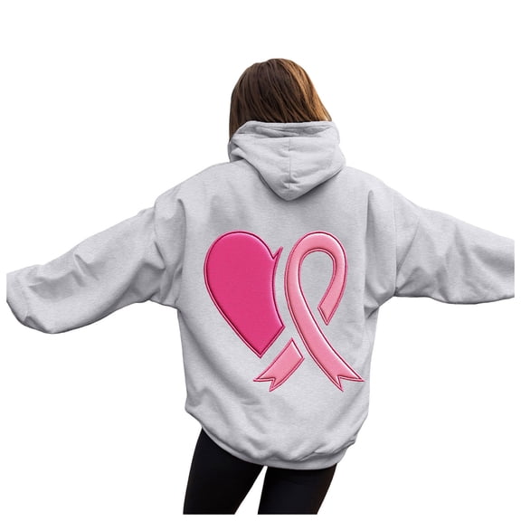 GEWSEY Hoodies for Women Pink Ribbon with Heart Graphic Top Breast Cancer Awareness Support Sweatshirt (Light Gray, S)