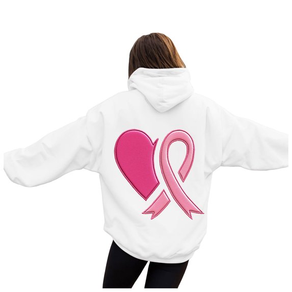 GEWSEY Hoodies for Women Pink Ribbon with Heart Graphic Top Cancer Awareness Support Sweatshirt (White, L)