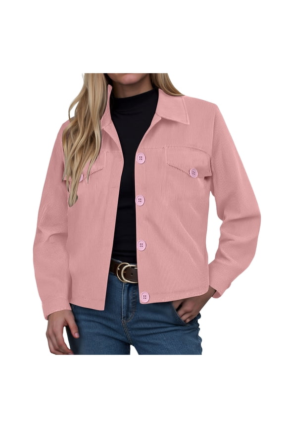 Jacket Women Button Down Comfy Cropped Shacket Jacket Trendy Long Sleeve Coats with Pockets Outerwear (Pink, XL)