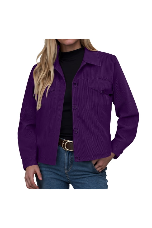 Jacket Women Button Down Comfy Cropped Shacket Jacket Trendy Long Sleeve Coats with Pockets Outerwear (Purple, L)