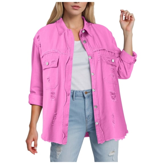 GEWSEY Jean Jacket Women 2025 Trendy Classic Lapel Button Down Up Frayed Hem Shacket Long Sleeve Distresse Trucker Coats (Hot Pink, S)