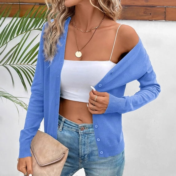 GEWSEY Lightweight Cardigan Sweaters for Women Fall Fashion 2025 Long Sleeve Open Front v Neck Button Down Cardigan Jackets (Light Blue, L)