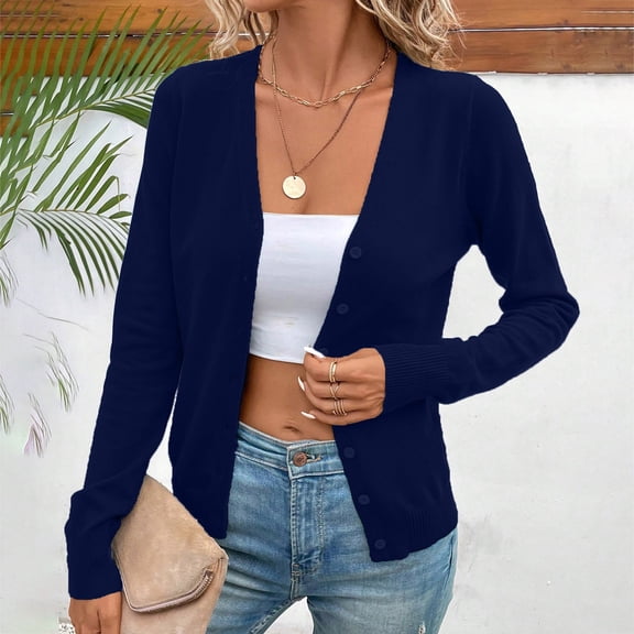 GEWSEY Lightweight Cardigan Sweaters for Women Fall Fashion 2025 Long Sleeve Open Front v Neck Button Down Cardigan Jackets (Navy, S)