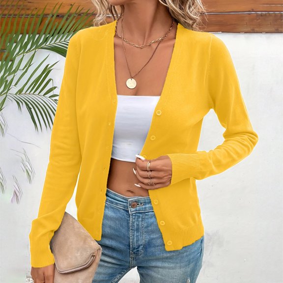 GEWSEY Lightweight Cardigan Sweaters for Women Fall Fashion 2025 Long Sleeve Open Front v Neck Button Down Cardigan Jackets (Yellow, M)