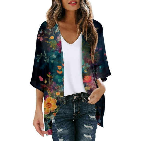 GEWSEY Lightweight Cardigan for Women 3/4 Sleeve Chiffon Kimono Shrug Beach Cover Ups Boho Floral Swimsuit Coverup (Black, S)
