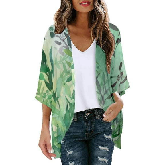 GEWSEY Lightweight Cardigan for Women 3/4 Sleeve Chiffon Kimono Shrug Beach Cover Ups Boho Floral Swimsuit Coverup (Green, XXL)