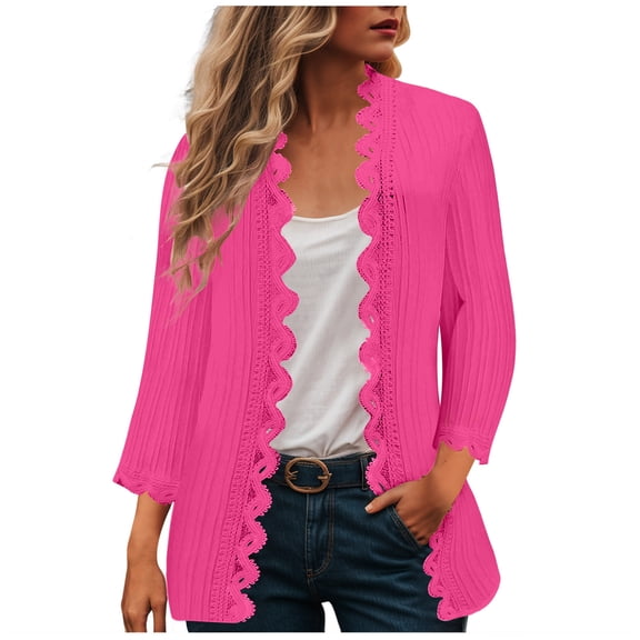 GEWSEY Lightweight Cardigans for Women 3/4 Sleeve Open Front Shrug Dressy Lace Trim Blouse Tops Long Fall Cardigan (Hot Pink, XXL)