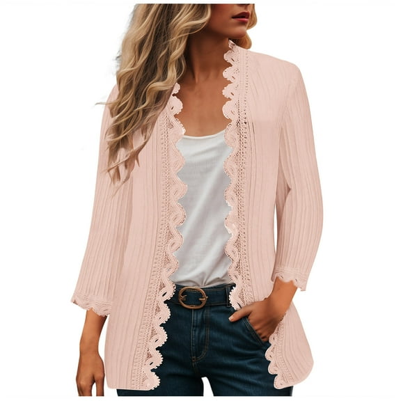 GEWSEY Lightweight Cardigans for Women 3/4 Sleeve Open Front Shrug Dressy Lace Trim Blouse Tops Long Fall Cardigan (Pink, XXL)