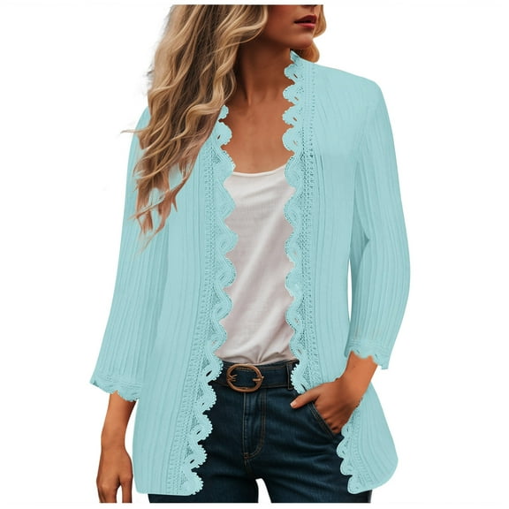 GEWSEY Lightweight Cardigans for Women 3/4 Sleeve Open Front Shrug Dressy Lace Trim Blouse Tops Long Fall Cardigan (Sky Blue, XL)
