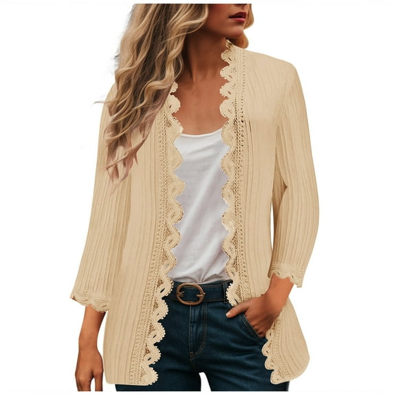 GEWSEY Lightweight Cardigans for Women 3/4 Sleeve Open Front Shrug Dressy Lace Trim Blouse Tops Long Fall Cardigan (Yellow, M)