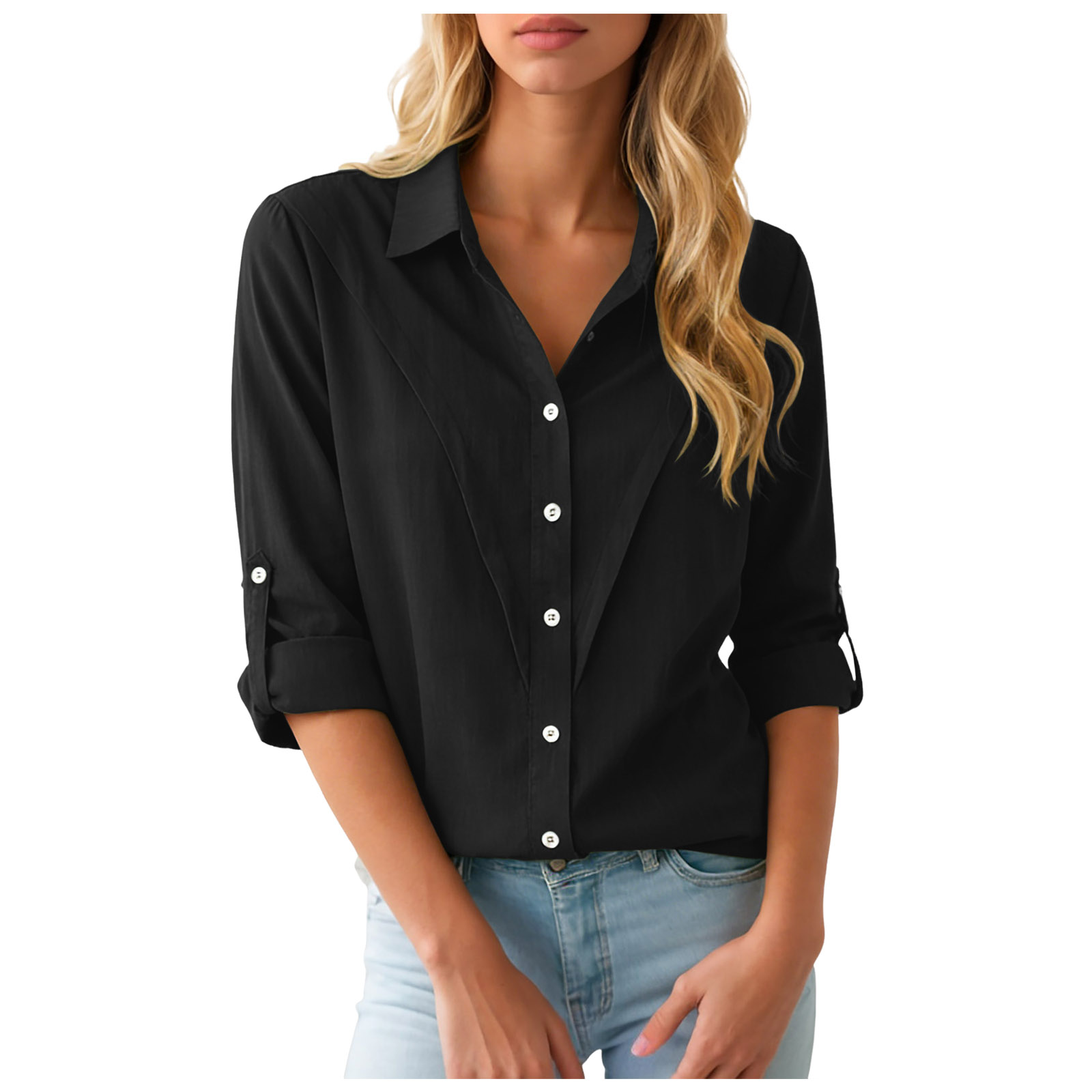 GEWSEY Linen Blouse for Women, Solid Plus Size Long Sleeve Button Down ...