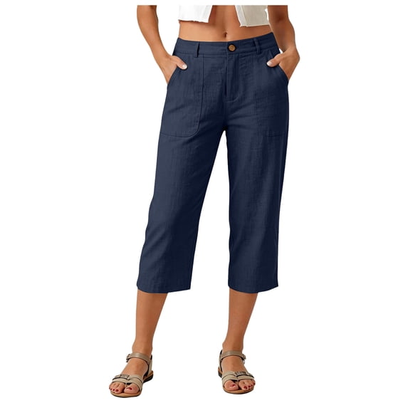 GEWSEY Linen Capri Dress Pants for Women Casual Elastic Waist Cropped Wide Leg Pants with Pockets Summer Baggy Work Trousers Navy for Size M