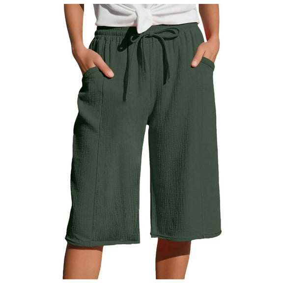 GEWSEY Linen Capri Pants for Women Cotton Casual Summer Capris Drawstring High Waist Pants Wide Leg Cropped Trousers (Dark Green, S)
