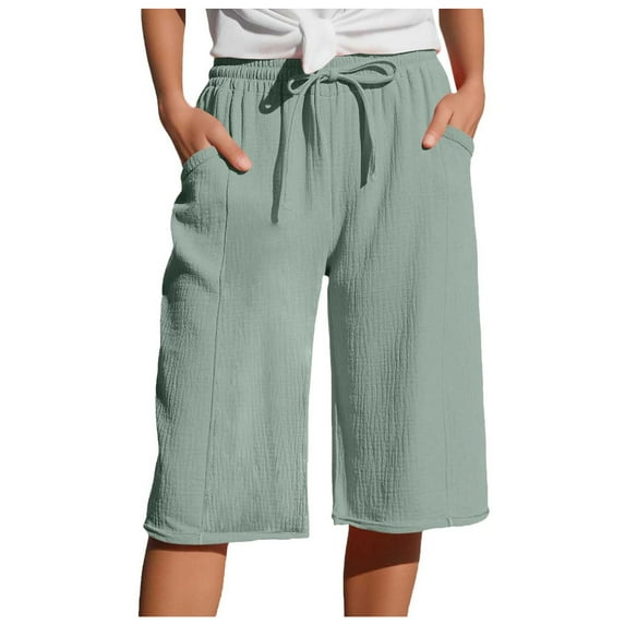 GEWSEY Linen Capri Pants for Women Cotton Casual Summer Capris Drawstring High Waist Pants Wide Leg Cropped Trousers (Light Green, XXL)