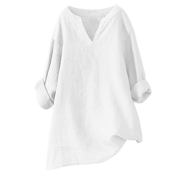 GEWSEY Linen Clothes for Seniors Summer Women's Tops Fashion 2025 V Neck Half Sleeve Shirts Loose Fit (White, L)
