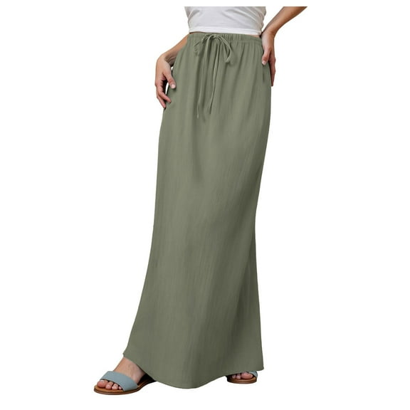 GEWSEY Linen Flared Maxi Skirt with Back Slit - Elastic Waist Drawstring Long Flowy Ankle-Length Skirt (Army Green, S)