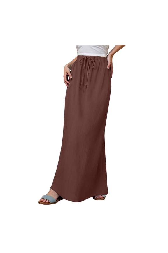 Linen Flared Maxi Skirt with Back Slit - Elastic Waist Drawstring Long Flowy Ankle-Length Skirt (Brown, S)
