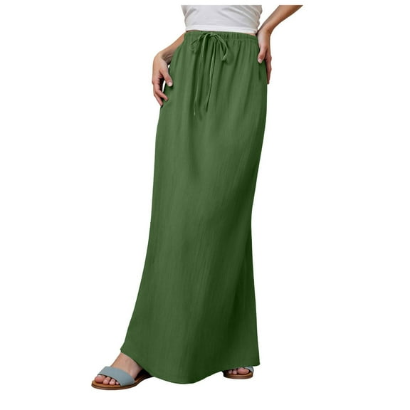 GEWSEY Linen Flared Maxi Skirt with Back Slit - Elastic Waist Drawstring Long Flowy Ankle-Length Skirt (Dark Green, XL)