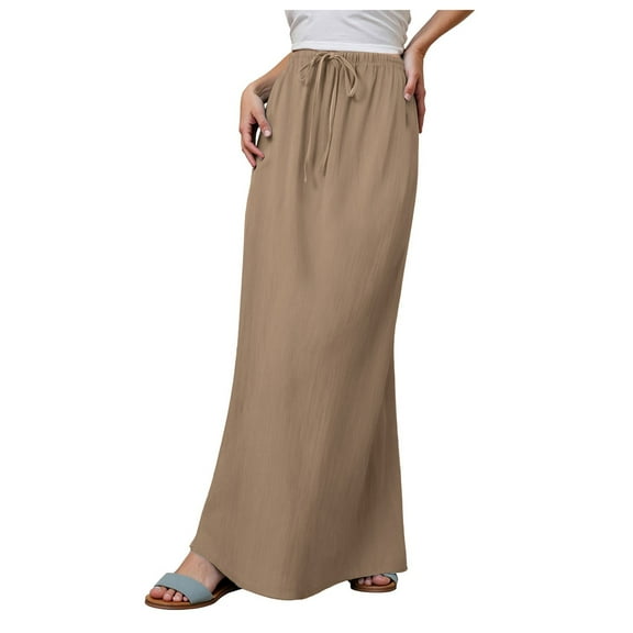 GEWSEY Linen Maxi Skirts for Women Trendy Summer Comfy Drawstring Waist A Line Skirts Cute Vacation Boho Long Flowy Skirts (Khaki, XL)
