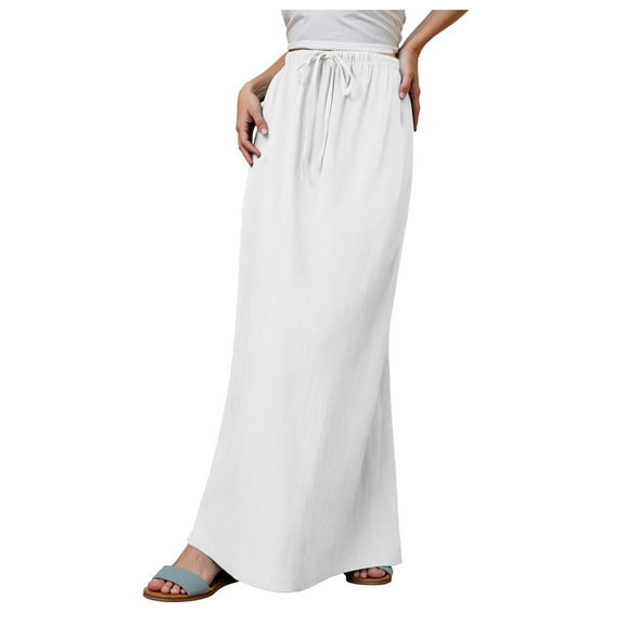 GEWSEY Linen Maxi Skirts for Women Trendy Summer Comfy Drawstring Waist A Line Skirts Cute Vacation Boho Long Flowy Skirts (White, XXL)