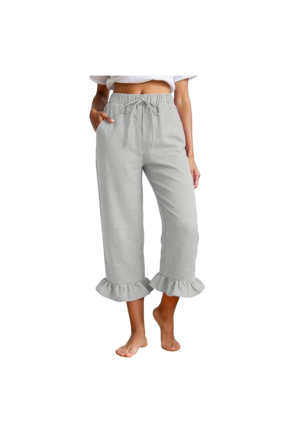 Linen Pants Women Wide Leg Casual Summer Ruffle Capri Pants Elastic Waist Drawstring Smocked Solid Trouser with Pocket (Khaki, XXL)