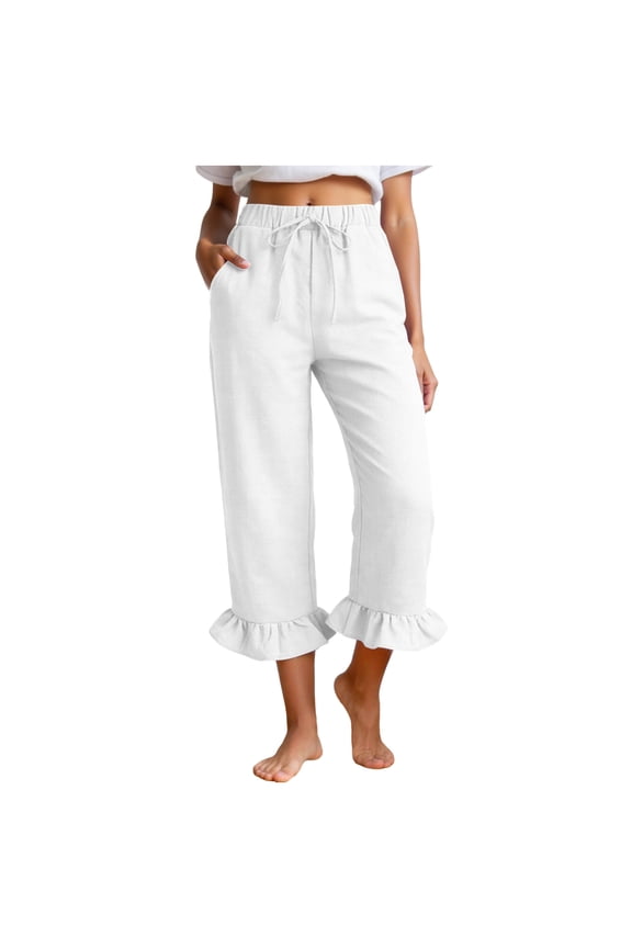 Linen Pants Women Wide Leg Casual Summer Ruffle Capri Pants Elastic Waist Drawstring Smocked Solid Trouser with Pocket (White, S)