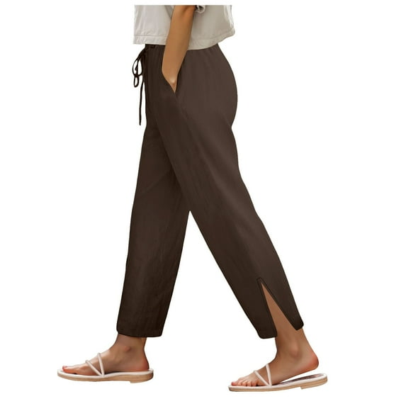 GEWSEY Linen Pants for Women 2025 Summer High Waist Elastic Straight Leg Lounge Pant Casual Loose Lightweight Beach Trousers Brown, M