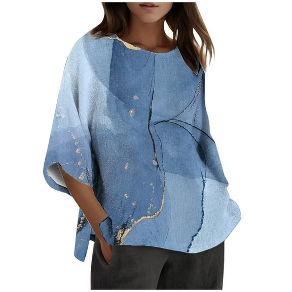 GEWSEY Linen Tops for Women Casual 3/4 Sleeve Crewneck Casual Linen Shirts Summer Beach Solid Blouses Tunic Tops Plus Size Navy, L