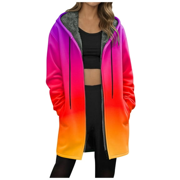 GEWSEY Long Hoodies for Women Zip Up Gradient Color Fleece Jacket Tunic Sweatshirts Fall Winter Fashion Clothes 2025 (Red, S)