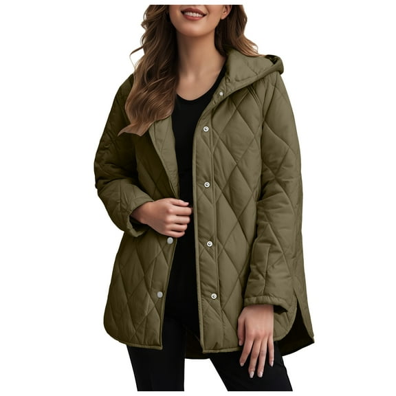 GEWSEY Long Jackets for Women Fashion 2025 Winter Coat for Women Business Casual Diamond Quilted Hooded Lightweight Jackets (Army Green, L)