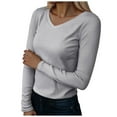 thumbnail image 1 of GEWSEY Long Sleeve Shirts for Women V Neck Ribbed Knit Fitted Fall Basic Tshirts Going Out Tops 2025 Casual Trendy Clothes (Light Gray, L), 1 of 5