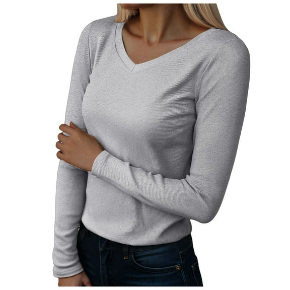 GEWSEY Long Sleeve Shirts for Women V Neck Ribbed Knit Fitted Fall Basic Tshirts Going Out Tops 2025 Casual Trendy Clothes (Light Gray, XXL)
