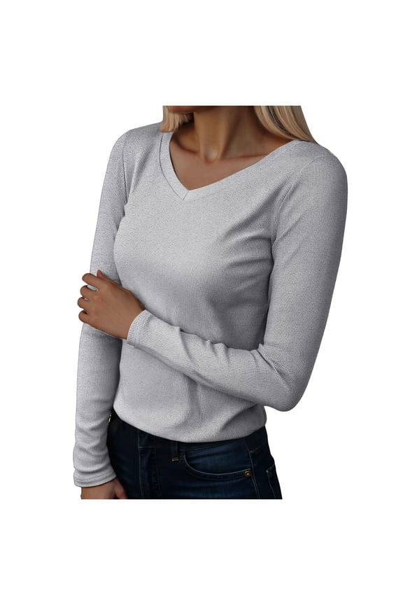 Long Sleeve Shirts for Women V Neck Ribbed Knit Fitted Fall Basic Tshirts Going Out Tops 2025 Casual Trendy Clothes (Light Gray, XXL)
