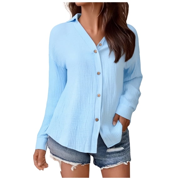 GEWSEY Long Sleeve Tops for Women 2025 Button Down Shirts Women Oxford Shirt Cotton Dress Shirts Collared Free Blouse Tops (Sky Blue, M)