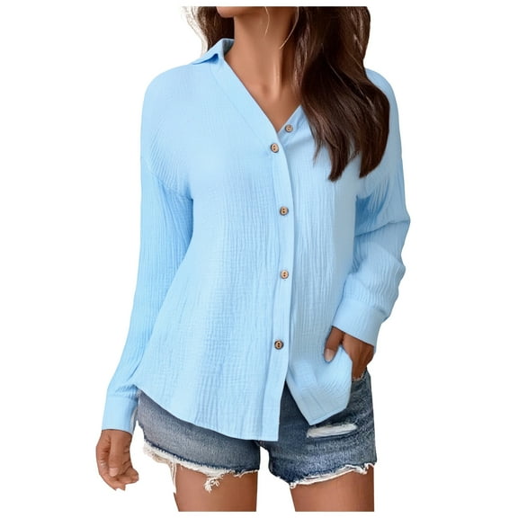GEWSEY Long Sleeve Tops for Women 2025 Button Down Shirts Women Oxford Shirt Cotton Dress Shirts Collared Free Blouse Tops (Sky Blue, XL)