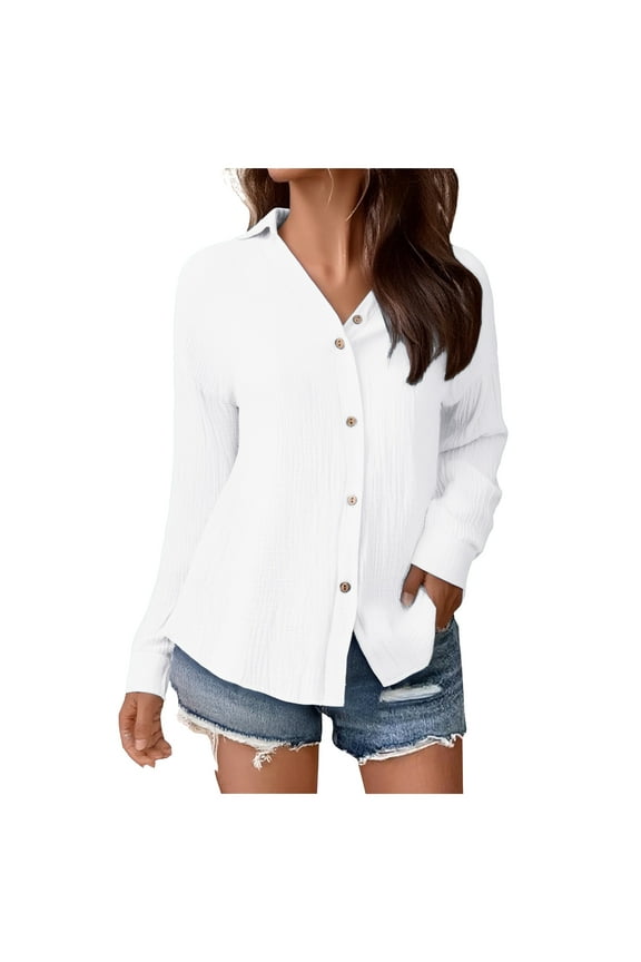Long Sleeve Tops for Women 2025 Button Down Shirts Women Oxford Shirt Cotton Dress Shirts Collared Free Blouse Tops (White, XL)