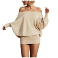 thumbnail image 1 of GEWSEY Loose Fit Sheer Dress Batwing Off The Shoulder Long Sleeve Mini Ruched Oversized Casual Streetwear Sexy Dress (Khaki, XS), 1 of 9