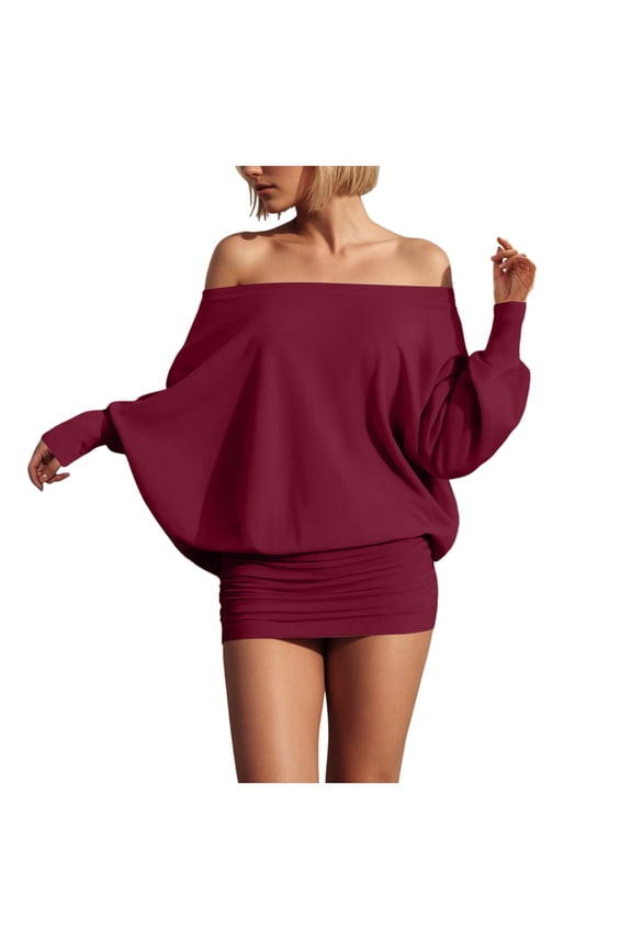 Loose Fit Sheer Dress Batwing Off The Shoulder Long Sleeve Mini Ruched Oversized Casual Streetwear Sexy Dress (Wine, L)