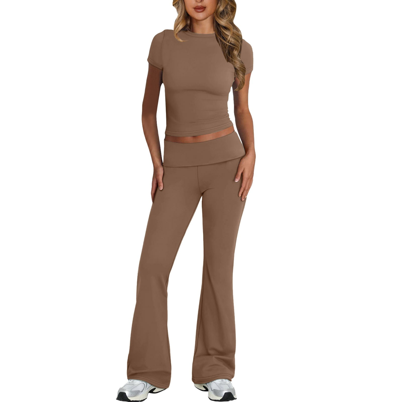 Pant Set NTSWZYS Women's 2 Piece Lounge Sets Y3K Fold Over Flare Pants Set Short Sleeve Crop Top Casual Tracksuits Outfits(MJ-LightGray,XS Fall Sets Women 2 Piece Outfits 10 thumbnail image