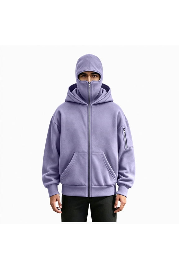 Men's Balaclava Hoodie with Face Mask Double Layer Hooded Sweatshirt Wind Resistant Winter Zip Up Jacket Ski Hoodies (Light Purple, L)