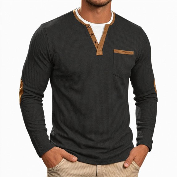 GEWSEY Men's Long Sleeve Waffle Henley Shirt Casual Button T-Shirt Pullover Contrasting Placket and Stitching Lightweight Soft Stretch Tees Tops (Black, M)