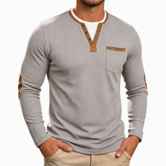 GEWSEY Men's Long Sleeve Waffle Henley Shirt Casual Button T-Shirt Pullover Contrasting Placket and Stitching Lightweight Soft Stretch Tees Tops (Grey, 3XL)