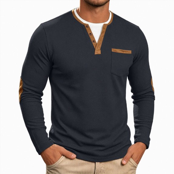 GEWSEY Men's Long Sleeve Waffle Henley Shirt Casual Button T-Shirt Pullover Contrasting Placket and Stitching Lightweight Soft Stretch Tees Tops (Navy, S)