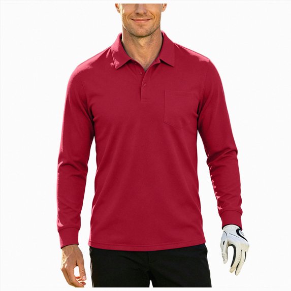 GEWSEY Mens Polo Shirt Long Sleeve Athletic Breathable Collar Golf Shirt Performance, Moisture Wicking, Business Casual, Collared Shirt, Soft (Wine, XXL)