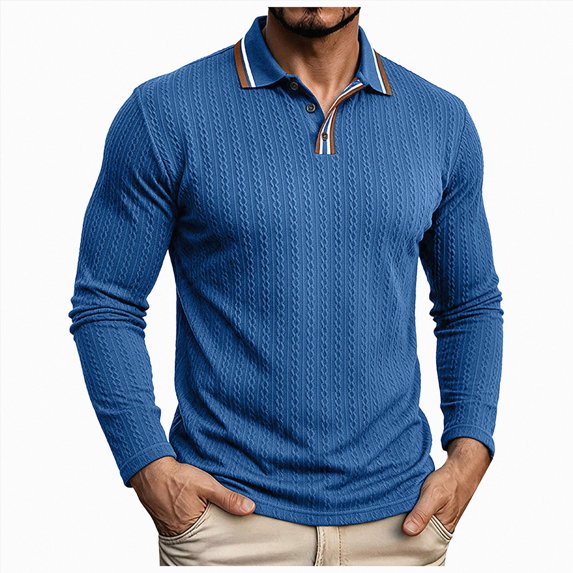 GEWSEY Mens Polo Shirt Long Sleeve Casual Button Dress Knit Golf Polo Shirt (Blue, M)