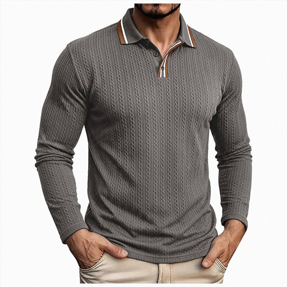 GEWSEY Mens Polo Shirt Long Sleeve Casual Button Dress Knit Golf Polo Shirt (Grey, M)