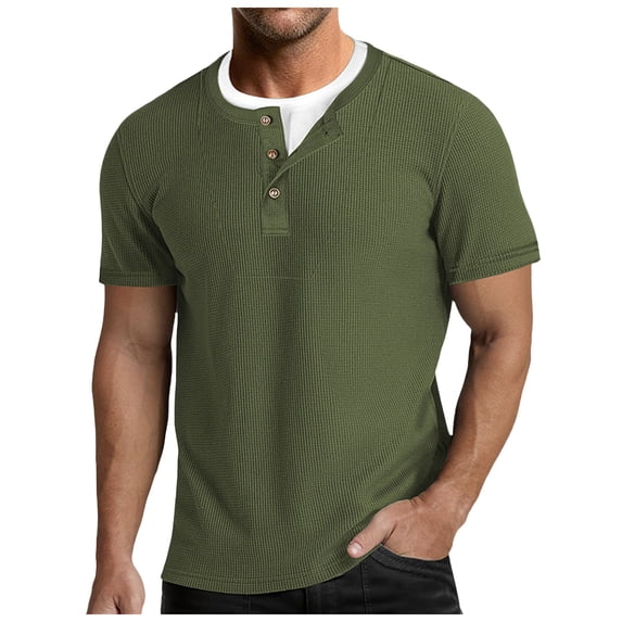 GEWSEY Mens Short Sleeve Shirts Casual Cotton Summer Slim Fit Waffle T-Shirts (Army Green, S)