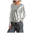 thumbnail image 1 of GEWSEY Metallic Tops for Women Long Sleeve Shimmer Disco Party T-Shirt Slim Going Out Club Sparkly Blouses Concert Outfit (Silver, M), 1 of 8