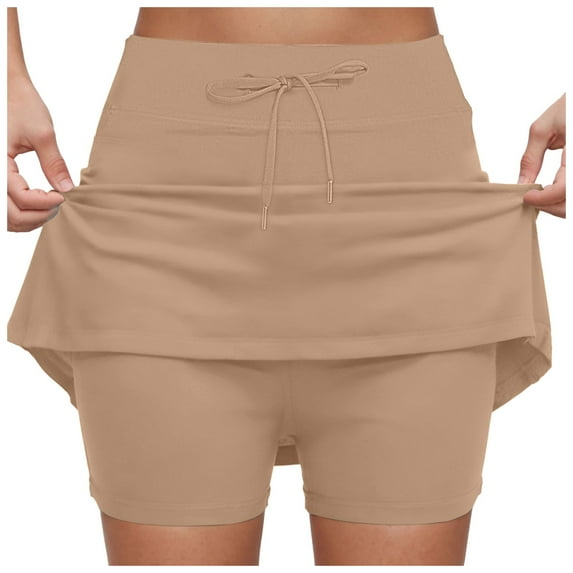 GEWSEY Midi Skorts for Women Casual Plus Size High Waist Athletic Skirt with Shorts Underneath Tennis Skorts with Pockets Tummy Control (Khaki, XL)