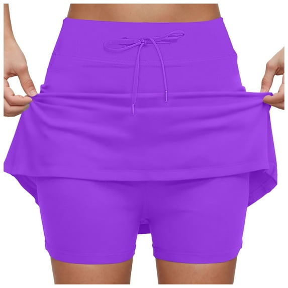 GEWSEY Midi Skorts for Women Casual Plus Size High Waist Athletic Skirt with Shorts Underneath Tennis Skorts with Pockets Tummy Control (Purple, S)